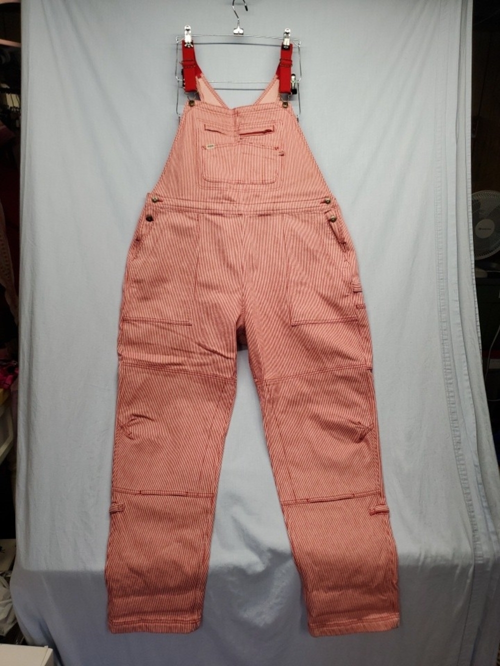 Duluth Trading Co Pink Pinstripe Work Overalls with Red Straps #390